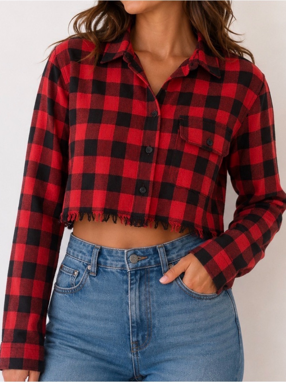 Charlotte Russe Red & Black Buffalo Plaid Cropped Button-Up NEW SZ SM raw hem